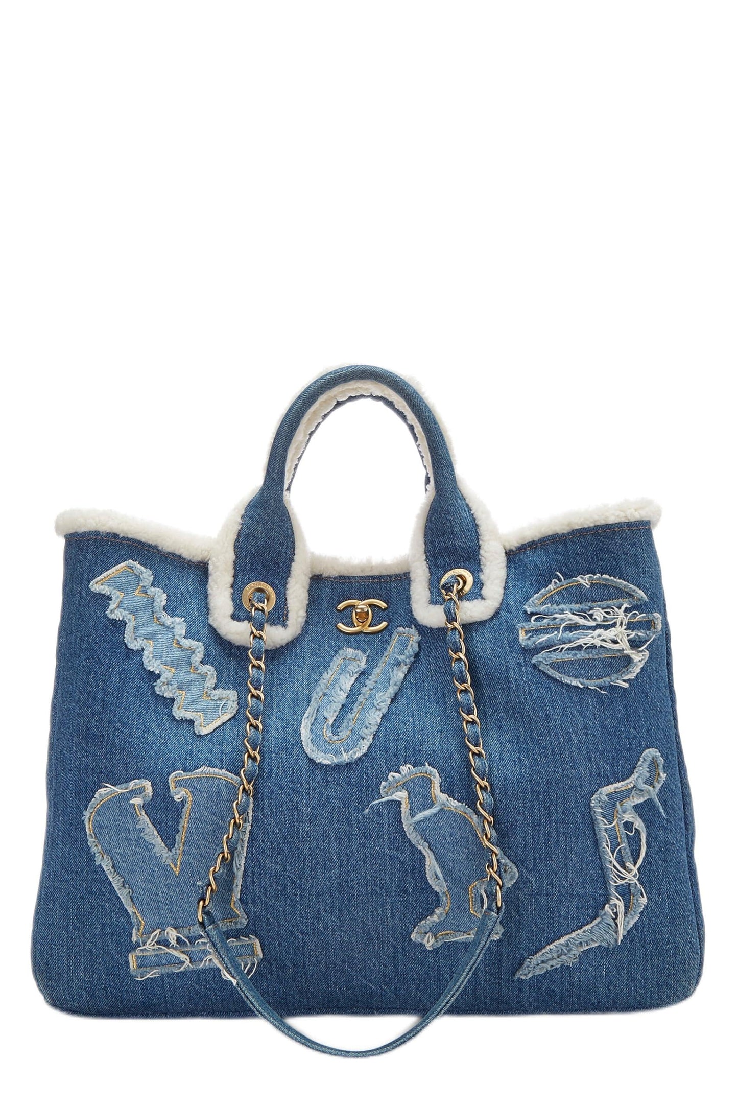 Chanel, sac cabas Hiéroglyphe Paris-Egypte en denim bleu et peau de mouton d'occasion, bleu