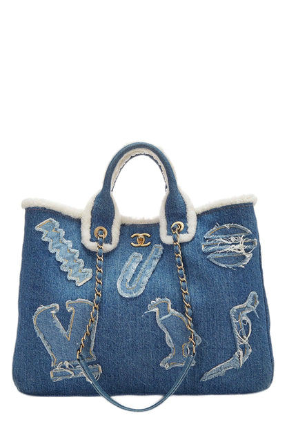 Chanel, Pre-Loved Paris-Egypt Blue Denim & Shearling Hieroglyph Shopping Tote, Blue