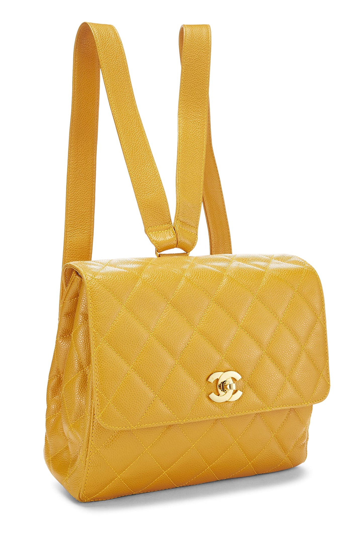 Chanel, sac à dos matelassé jaune caviar d'occasion, jaune