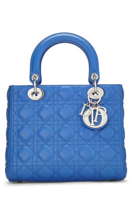 Dior, Lady Dior Medium en cuir d'agneau matelassé bleu Cannage d'occasion, bleu