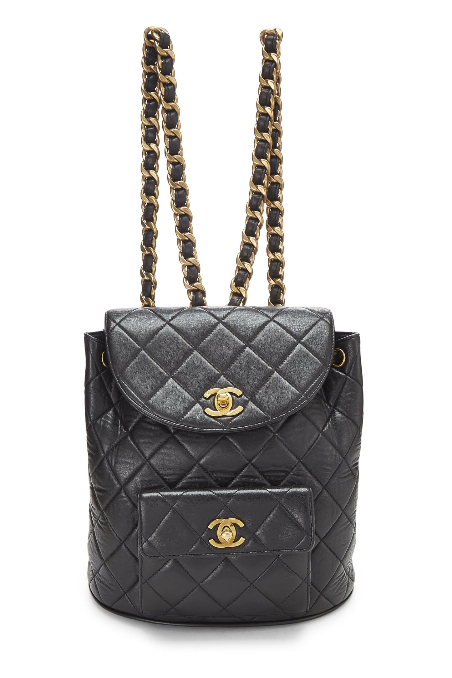 Chanel, Mochila clásica mediana 'CC' de piel de cordero acolchada negra Pre-Loved, Negro