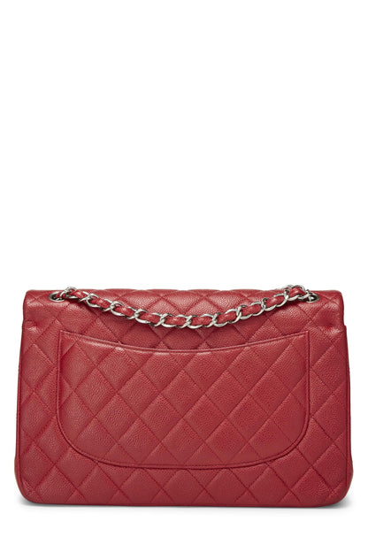 Chanel, sac à main jumbo à double rabat matelassé rouge caviar, d'occasion, rouge