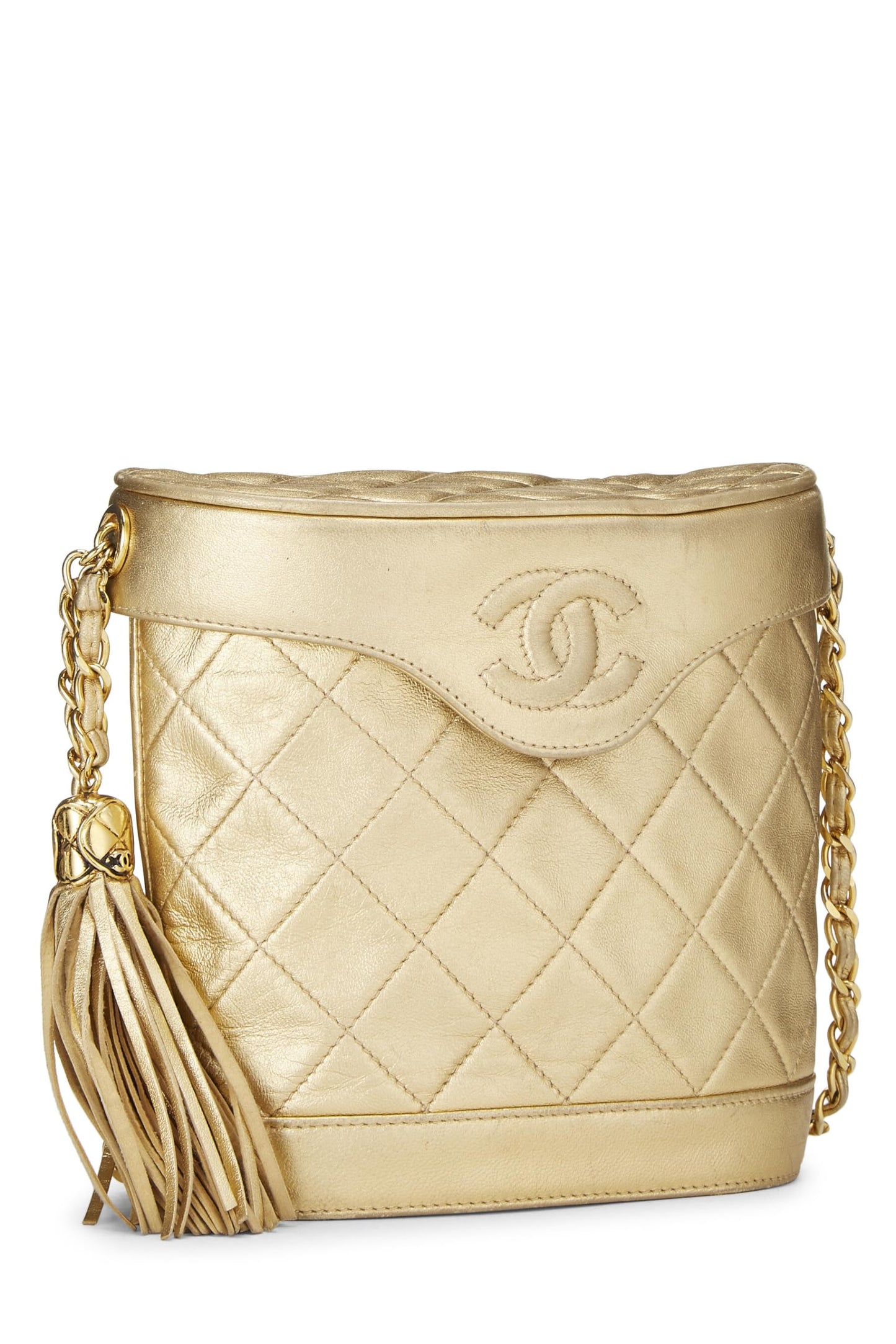 Chanel, sac pour jumelles en cuir d'agneau matelassé doré d'occasion, petit modèle, doré