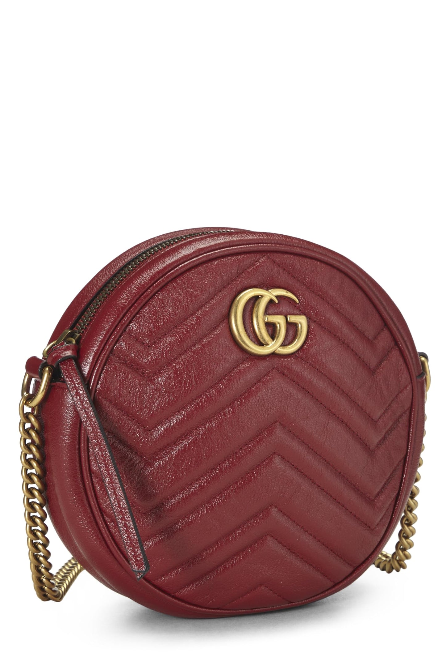 Gucci, Mini sac à bandoulière rond GG Marmont en cuir rouge d'occasion, rouge