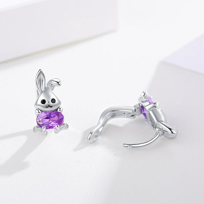 Bunny Earrings 925 Sterling Silver Rabbit Purple Zircon Huggie Hoop Earrings for Sensitive Ears