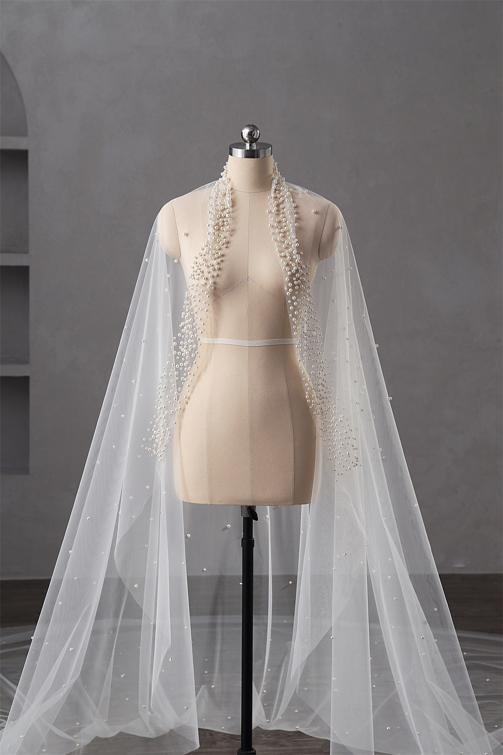 Pearl Wedding Veil 1 Layer Long Bridal Cathedral Veil