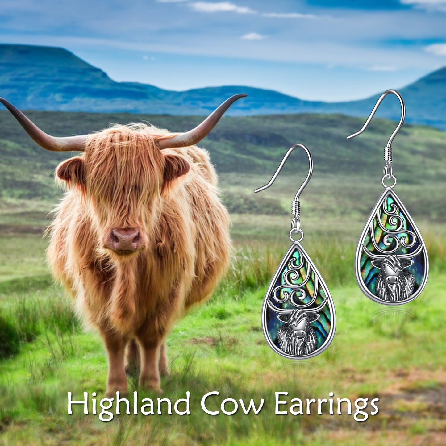 Boucles d'oreilles pendantes en forme de vache des Highlands Boucles d'oreilles en argent sterling 925 avec coquillages d'ormeau et vache occidentale