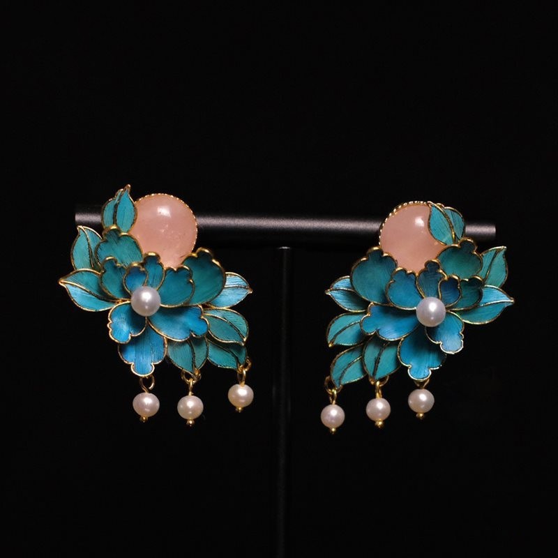 Gilding Filigree Tian-Tsui Craft Peony Stud Earrings