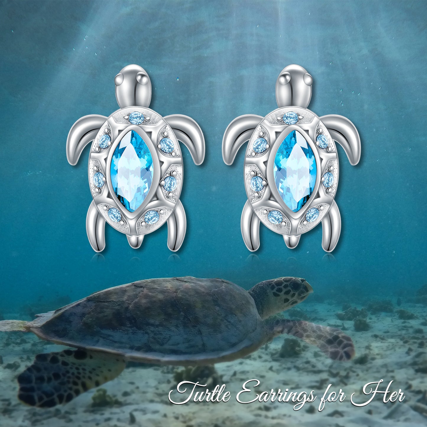 Boucles d'oreilles à tige en argent sterling 925 avec motif tortue de mer sur le thème de l'océan