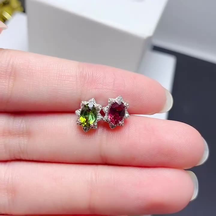 Natural Tourmaline Stud Earrings 925 Silver Delicate Mosaic Women Colored Gems