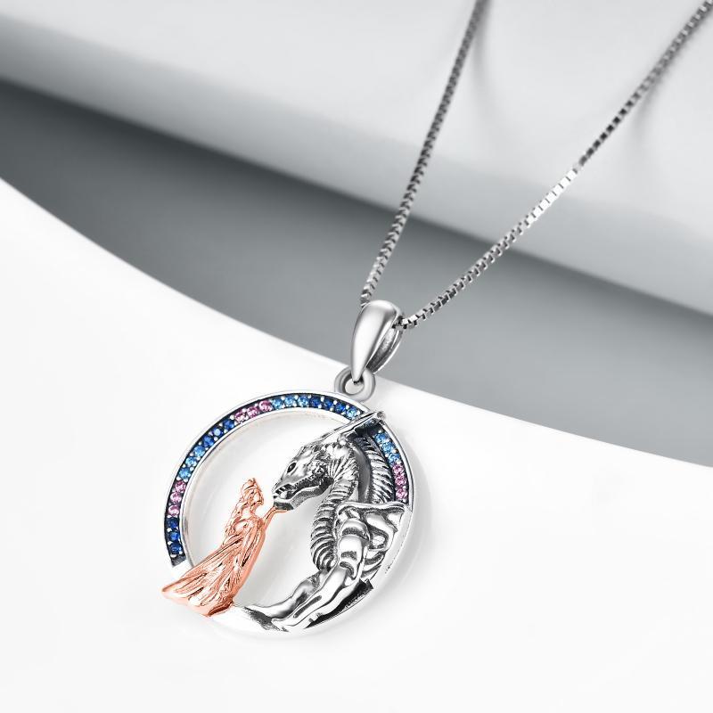 Sterling Silver Girl and Dragon Queen Princess Stroking Necklace Jewelry