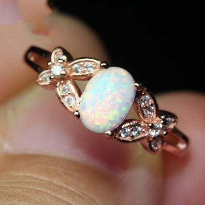 Rose Gold Ring White Opal Colorful