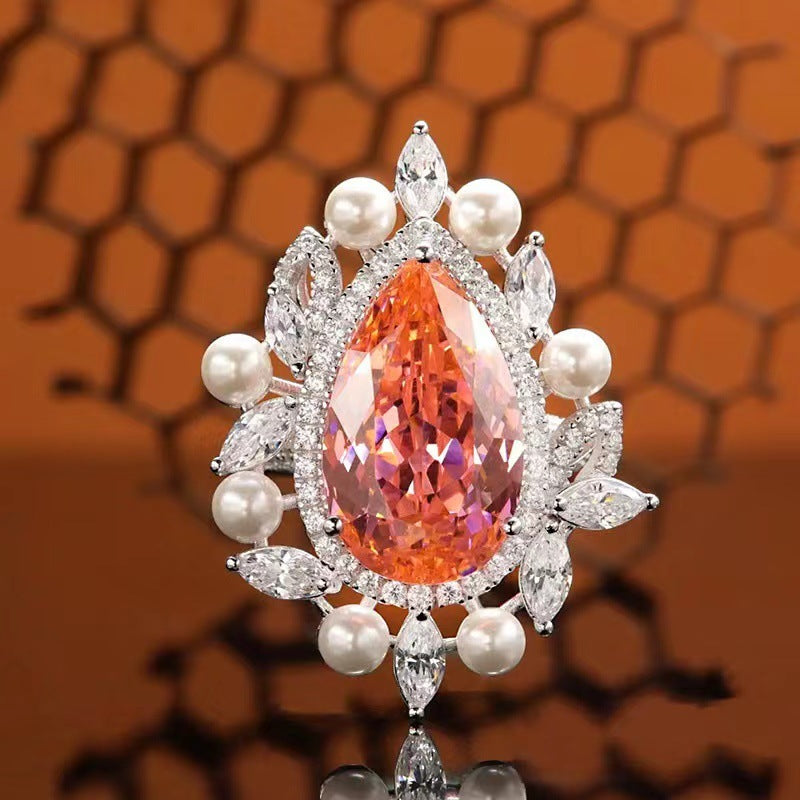 High Carbon Diamond Sunset Orange Water Drop Inlaid Ring