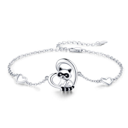 Bracelet en argent sterling 925 avec breloque en forme de cœur et raton laveur, bijoux animaux, cadeaux pour femmes, filles et adolescentes