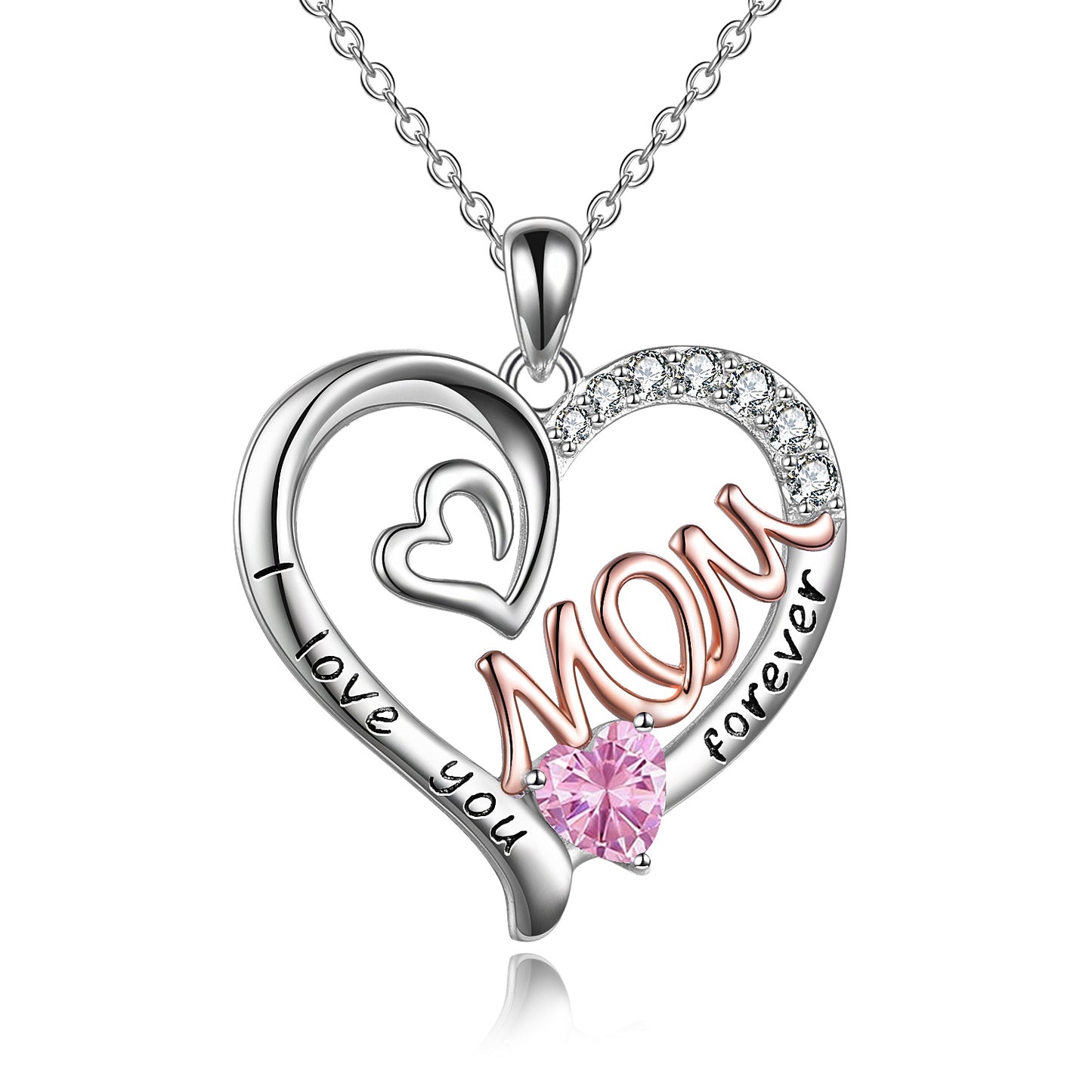 Mom Necklace S925 Sterling Silver Heart CZ Pink Stone Love Mum Pendant Birthstone Jewelry for Women Mother Gifts