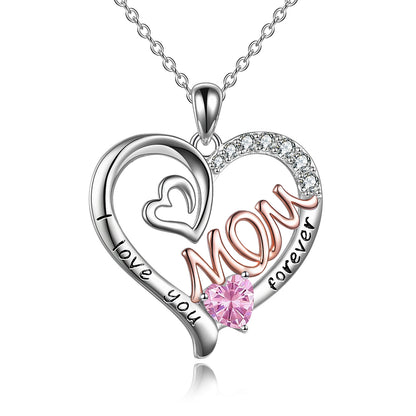 Mom Necklace S925 Sterling Silver Heart CZ Pink Stone Love Mum Pendant Birthstone Jewelry for Women Mother Gifts