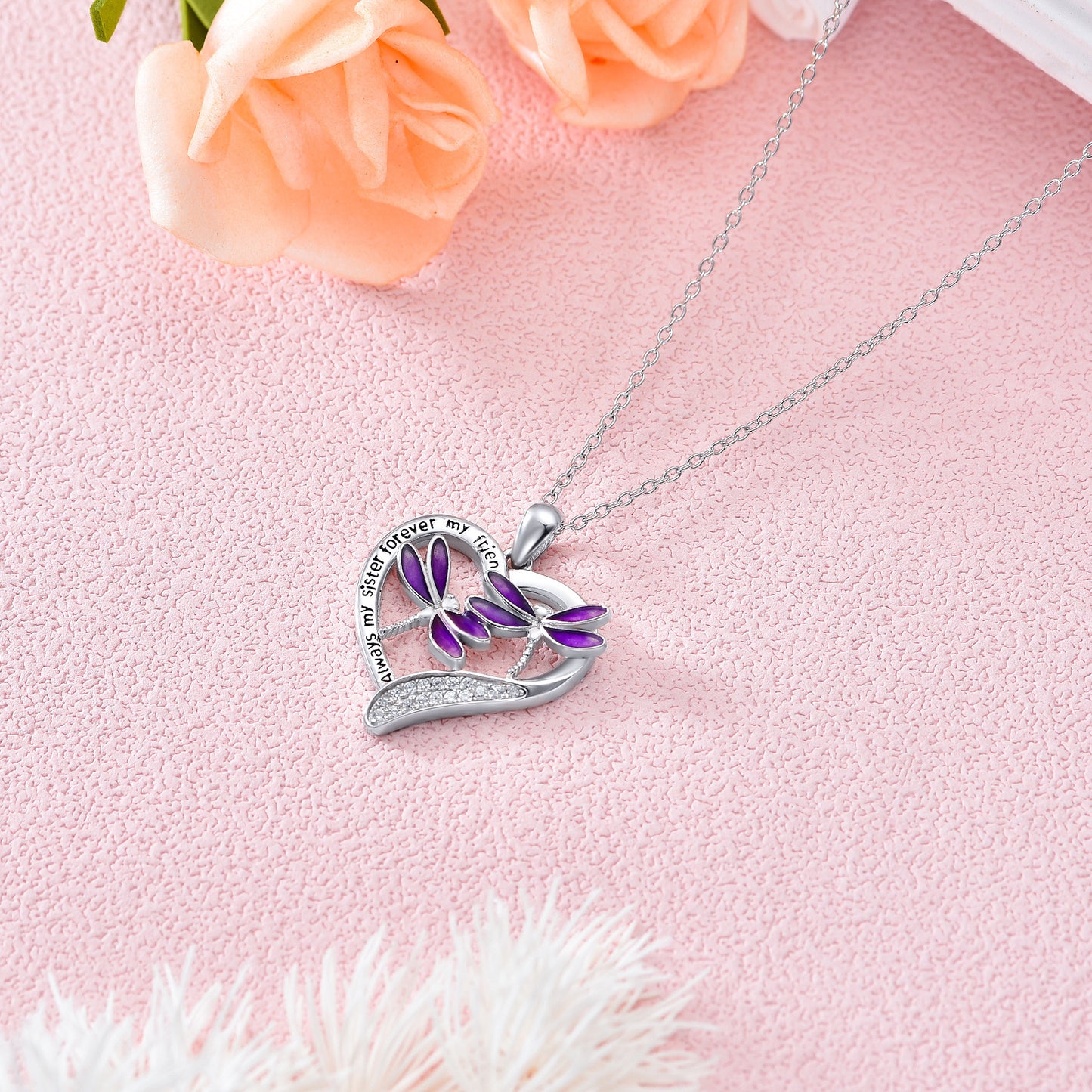 Collier pendentif libellule violette en argent sterling plaqué or blanc