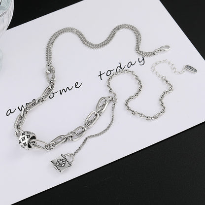 S925 Sterling Silver Print Necklace Women's Retro Style High Class Lock Tassel Chain Rework Double Layer Splice Sweater Chain