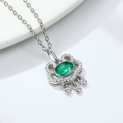 Natural Emerald Necklace Women's 925 Silver Full Set Delicate Light Luxury Pendant Auspicious Cloud Safety Lock Pendant Jewelry