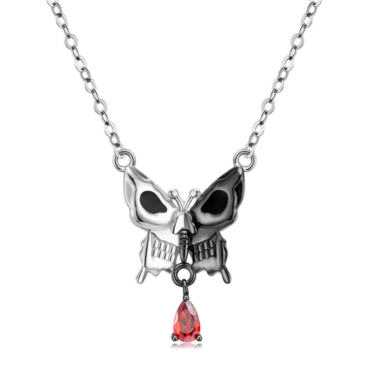 S925 Sterling Silver Electroplated Black Gold Dark Butterfly Skull Pendant Necklace Retro Gothic Punk