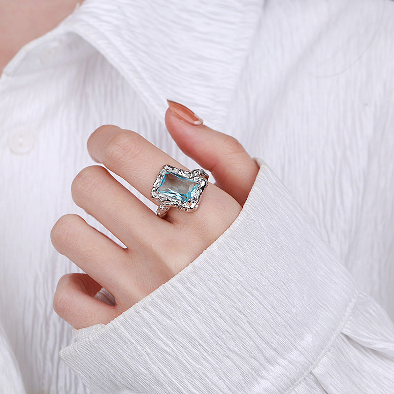 S925 Sterling Silver Tinfoil Texture Ice Blue Open Ring