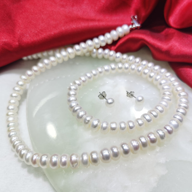 Pearl necklace bracelet earrings three piece set