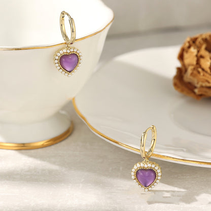 Pendientes de botón con forma de corazón de amor de estilo retro de cristal violeta natural francés