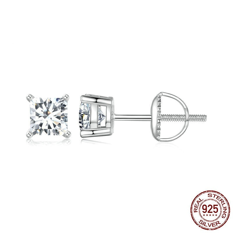 S925 Sterling Silver Square Moissanite Princess Stud Earrings