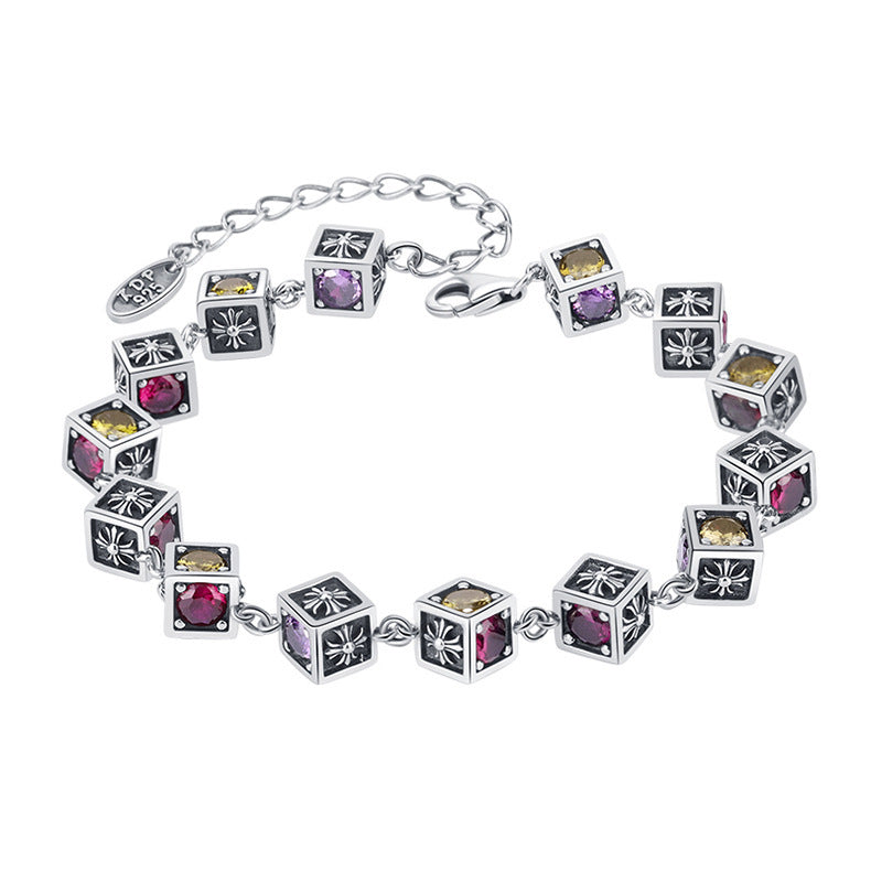 925 Sterling Silver Tide Square Cross Rainbow Zircon Dice Bracelet