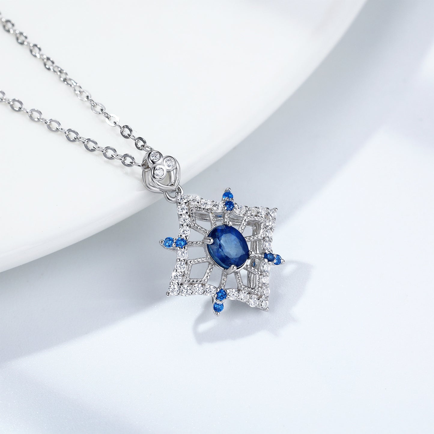 S925 Silver Set Natural Sapphire Necklace Female Hollow Diamond Pendant