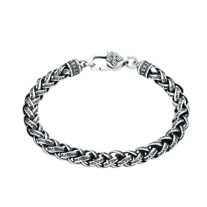 Pulsera tejida de plata de ley con mantra de seis palabras para hombre