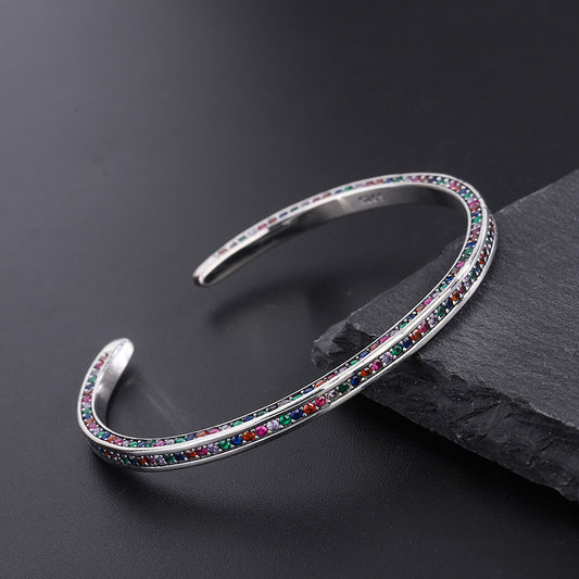 925 Sterling Silver Three Side Rainbow Zircon Bracelet Women Ins Small Minority Design Luxury High Sense Delicate Cool Wind