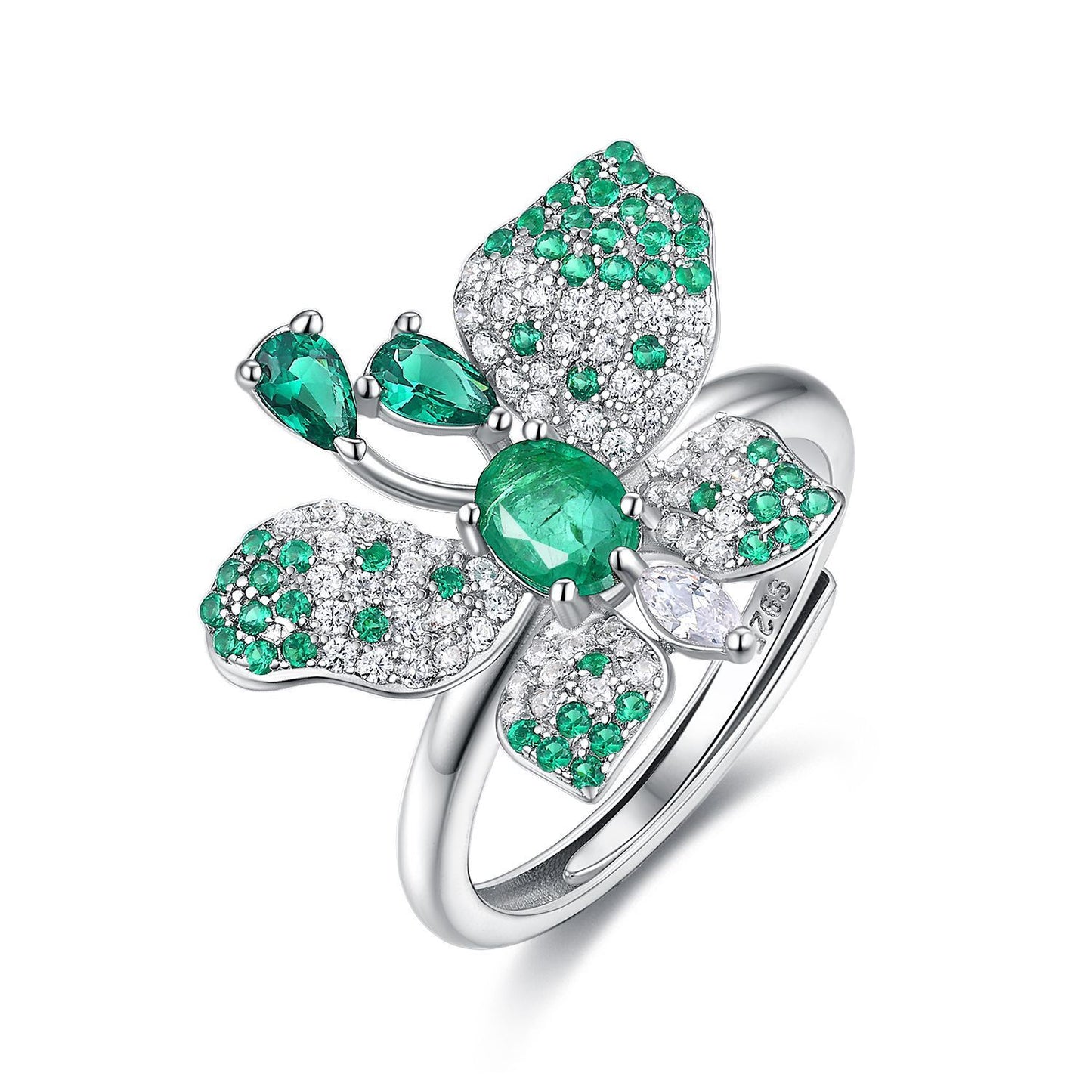 Butterfly Ring S925 Silver Set Natural Emerald