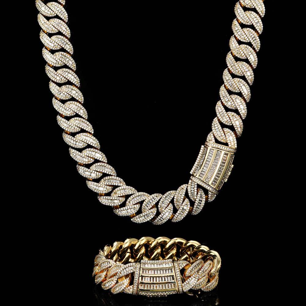 Collier Hip Hop 15 mm 20 mm avec boucle Miami et chaîne cubaine, bracelet plaqué or véritable