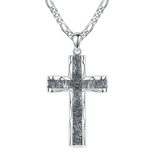 Pendentif croix en argent sterling 925 avec chaîne Figaro en acier inoxydable Collier croix oxydée Bijoux chrétiens