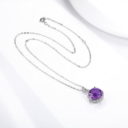 S925 Silver Set Natural Amethyst Necklace European And American Luxury Flower Design Pendant