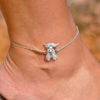 Pulsera de tobillo con vaca de las tierras altas en plata de ley 925, joyería de animales, regalos