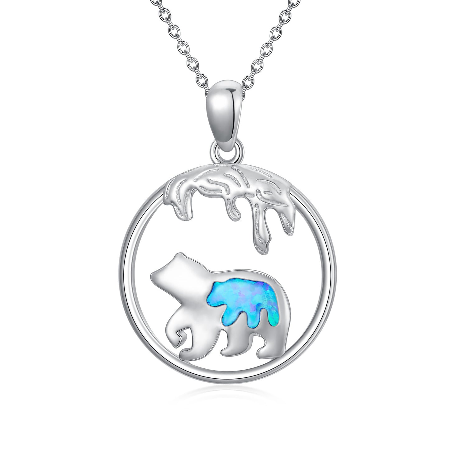 Mama Bear Necklace Sterling Silver Mother Daughter Blue Opal Animal Necklace Pendant Gift for Women Girls