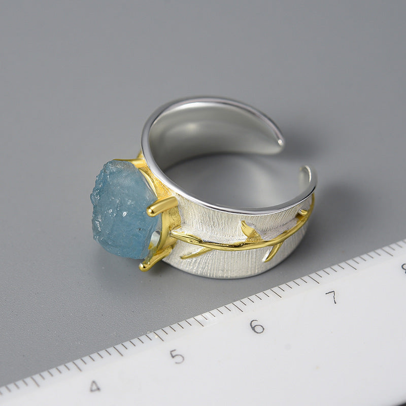 S925 Women's Long Leaf Aquamarine Ring