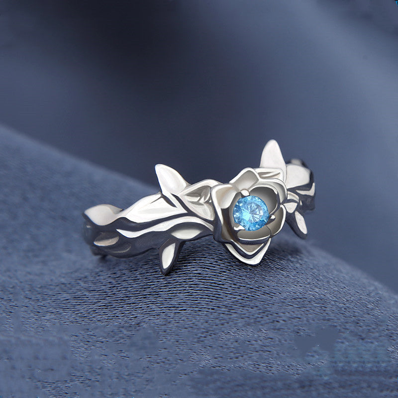 Bague en argent 925 avec rose bleue et anime