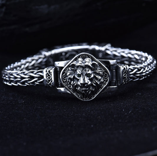 Bracelet en argent sterling S925 tissé à la main avec motif de lion dominateur de style ethnique