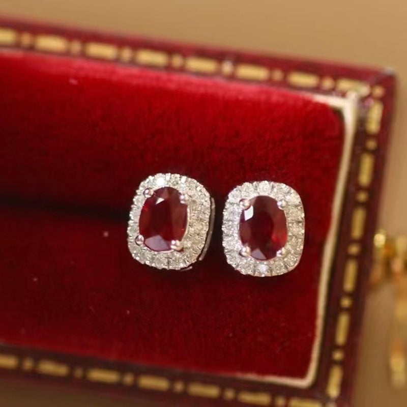 Pendientes de oro auténtico con diamantes y rubíes naturales de color rojo sangre de paloma