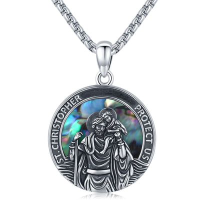 Collier pendentif médaille ronde Saint Christophe en argent sterling comme cadeaux de Noël catholiques