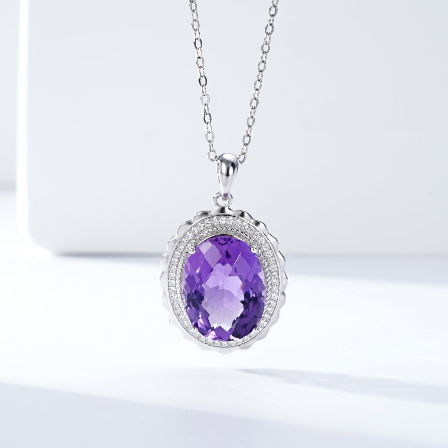 Luxury Style Necklace S925 Silver Set Oval Natural Amethyst Pendant