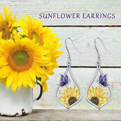 Pendientes colgantes de plata de ley con forma de girasol y mariposa morada, regalo para mujer