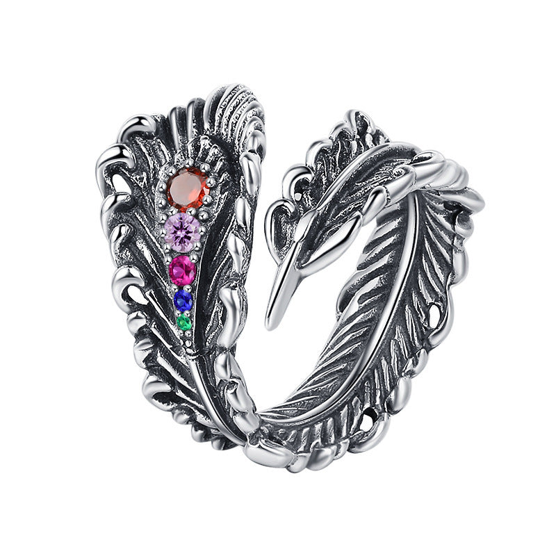 S925 Sterling Silver Stereoscopic Design Feeling Retro And Distressed Peacock Feather With Colorful Zirconium Ring