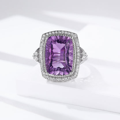 S925 Silver Set Pillow Shaped Millennium Cut Natural Amethyst Ring