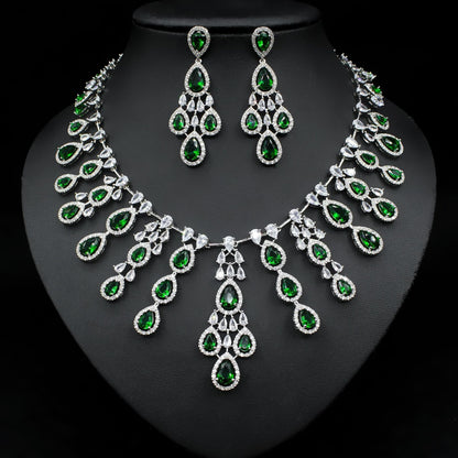 Women's Fashion Atmospheric Water Drop Color Zircon Necklace Earrings Set