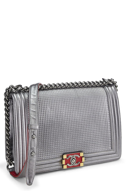 Chanel, Pre-Loved Silver Cube Embossed Calfskin Boy Bag Medium, Silver