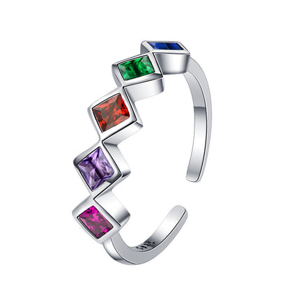 Anillo de plata de ley con incrustaciones de circonitas de colores y diseño geométrico de arcoíris pequeño